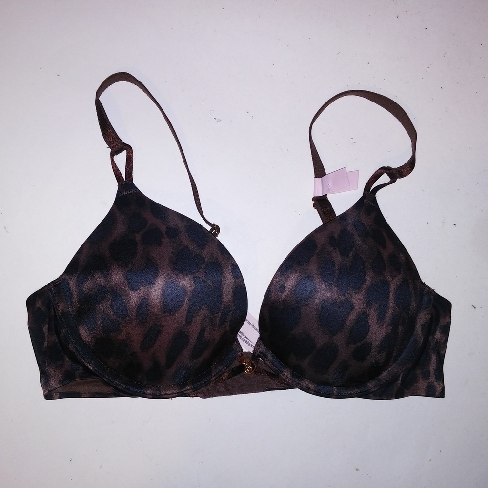 Victoria Secret Bra 32B Bombshell Plunge Brown Black Leopard Adds 2 Cup Sizes